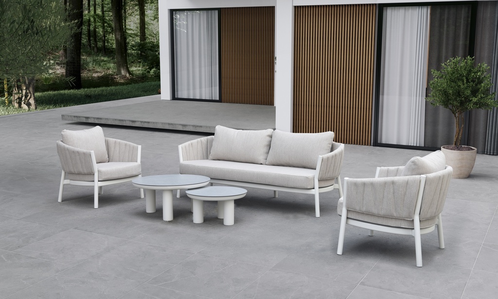 Sofá 1 plaza Attica aluminio blanco y textil gris claro
