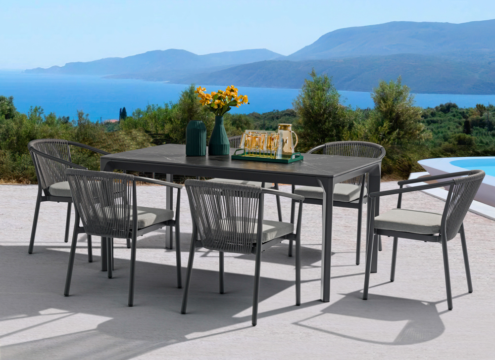 Mesa de comedor Boori 160x90 aluminio antracita top mesa porcelánico negro