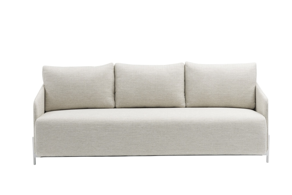 Sofá 3 plazas Corfu aluminio blanco y textil beige.