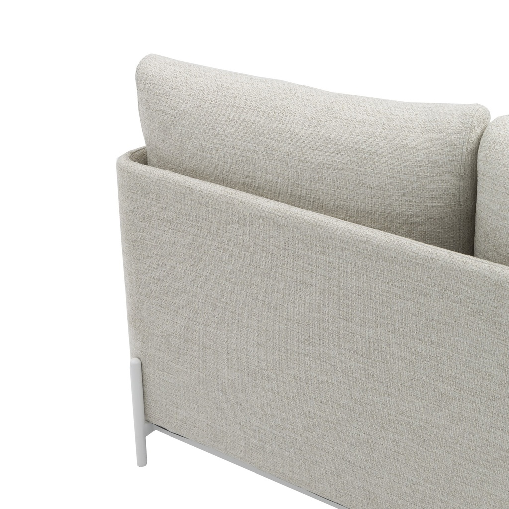 Sofá 3 plazas Corfu aluminio blanco y textil beige.