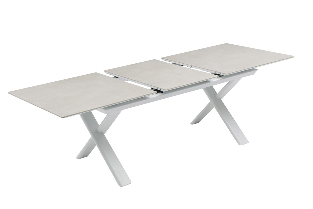 Mesa extensible Carson 100x180/240 cm aluminio blanco top mesa porcelánico gris