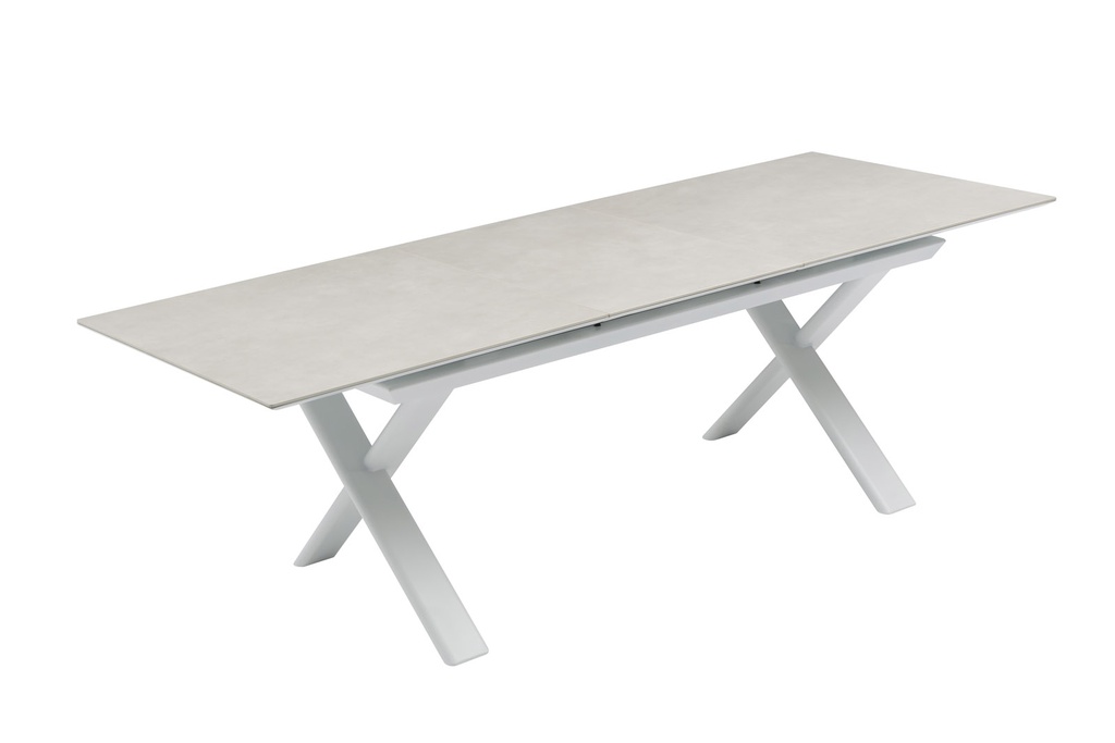 Mesa extensible Carson 100x180/240 cm aluminio blanco top mesa porcelánico gris