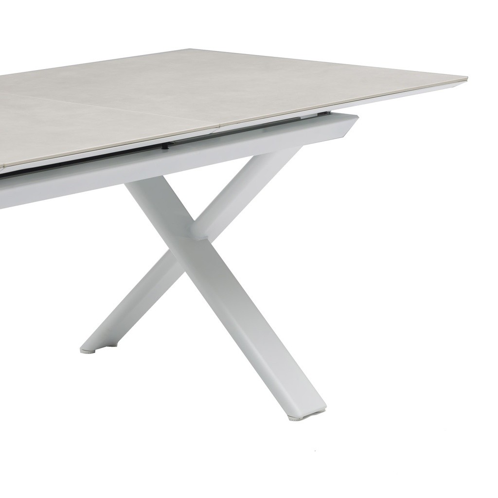 Mesa extensible Carson 100x180/240 cm aluminio blanco top mesa porcelánico gris