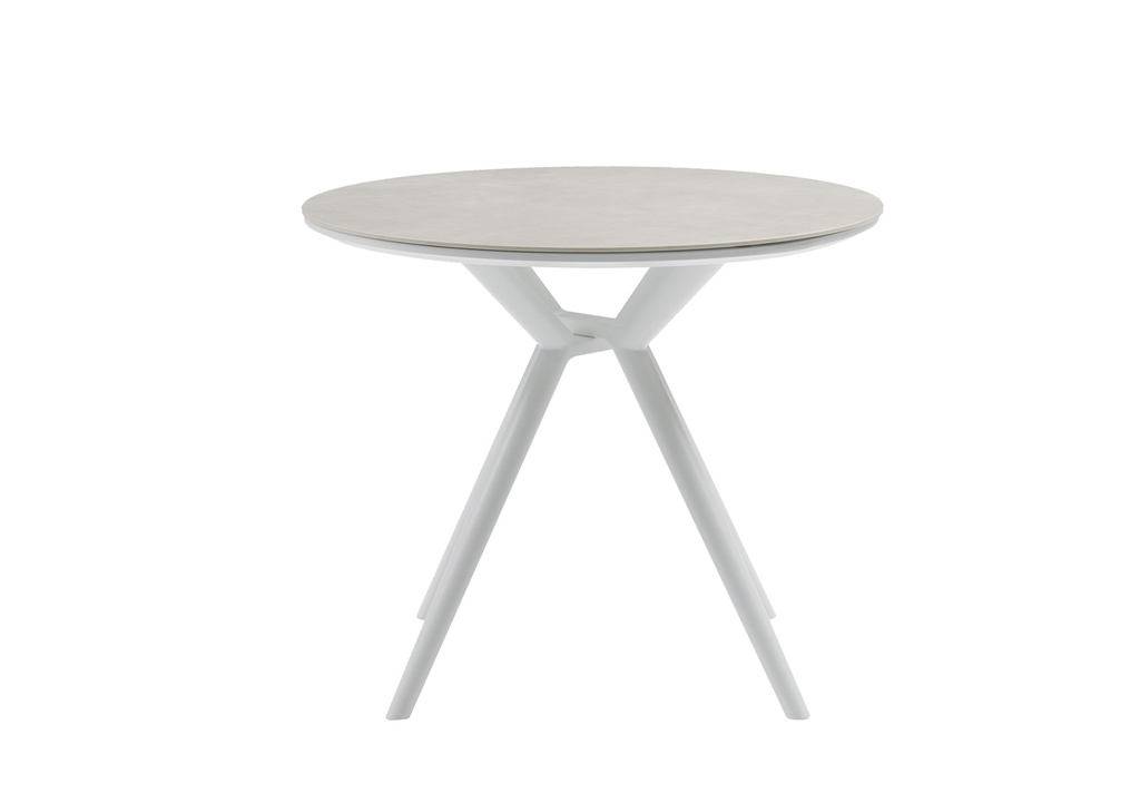 Mesa redonda Carson Ø 90cm aluminio blanco top mesa porcelánico gris.