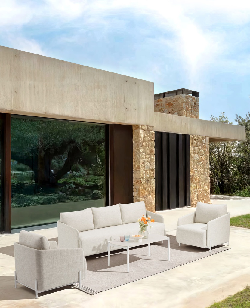 Sofá 3 plazas Corfu aluminio blanco y textil beige.