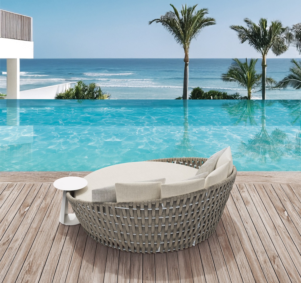 Daybed Meridian aluminio blanco cuerda greige y textil greige.