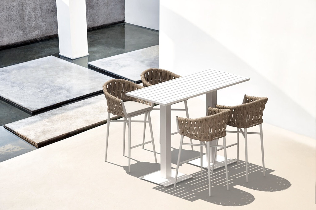 Sillón para barra de bar Meridian aluminio blanco cuerda greige y textil greige