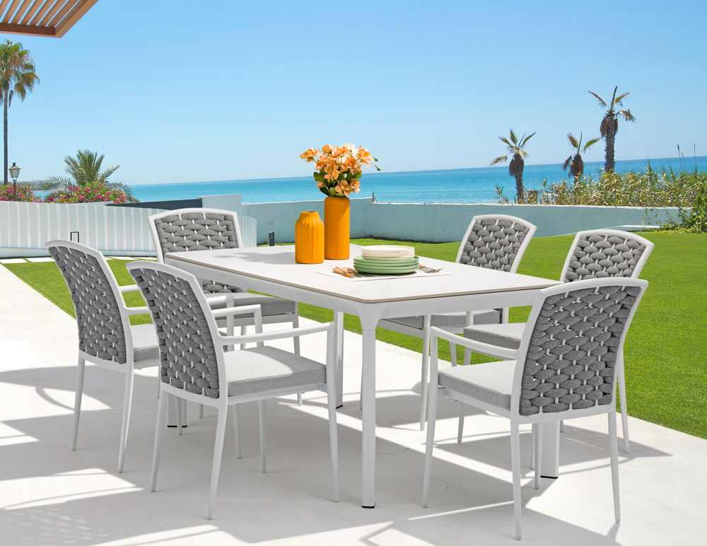 Silla de comedor Walga aluminio blanco cojin gris claro