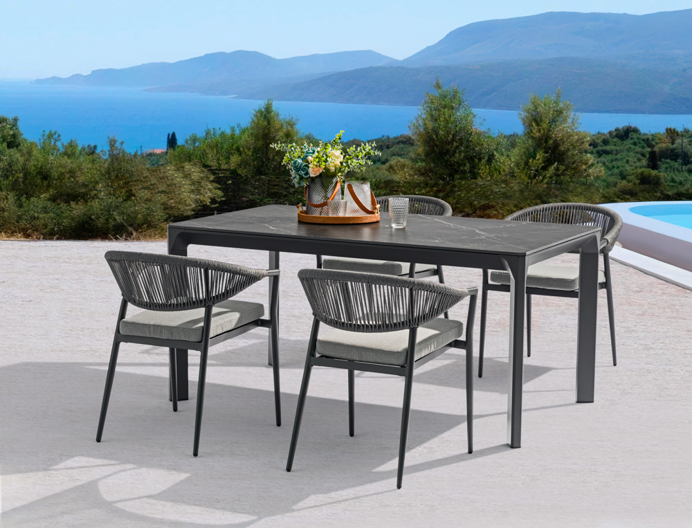 Silla de comedor Ross aluminio antracita cojin gris marino