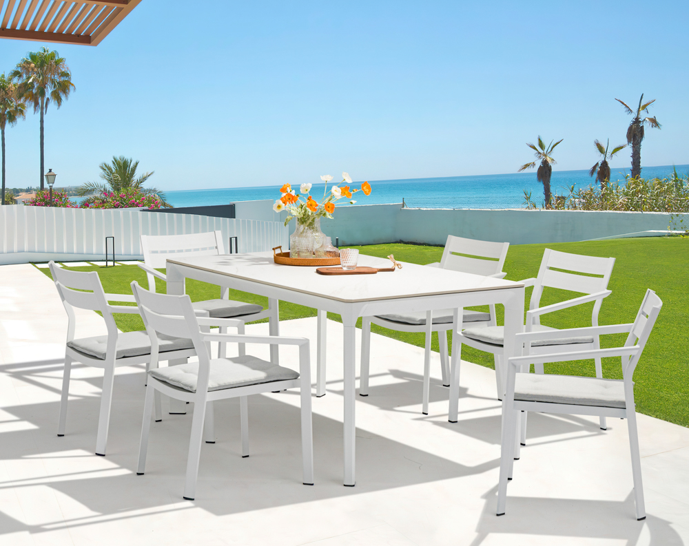 Silla de comedor Boori aluminio blanco cojin gris claro