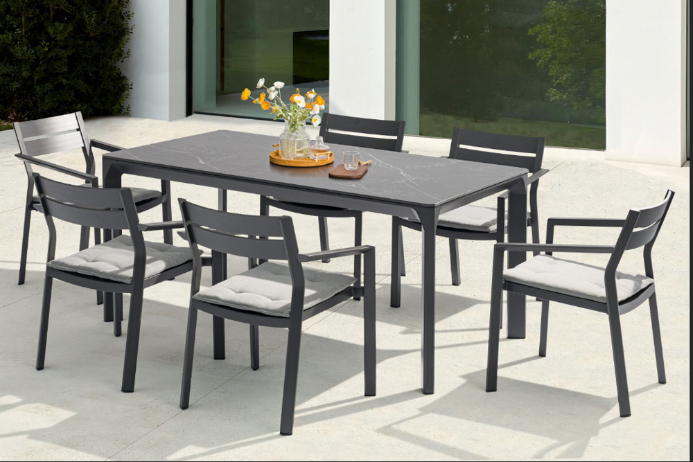 Silla de comedor Boori aluminio antracita cojin gris marino