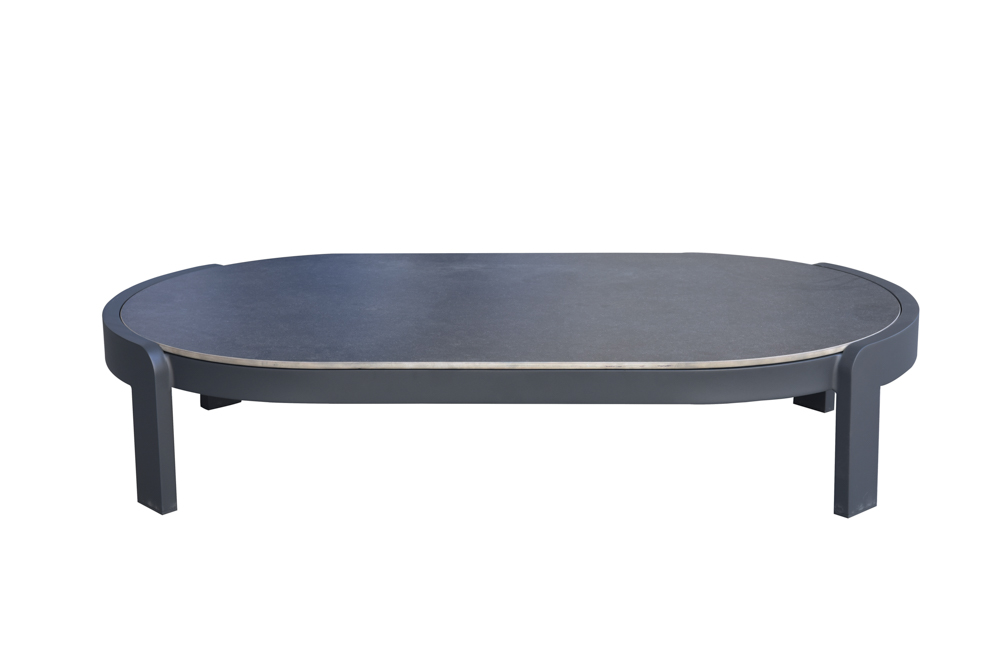 Mesa de centro Babylon. Aluminio gris antracita y top ceram. Gris marino moteado