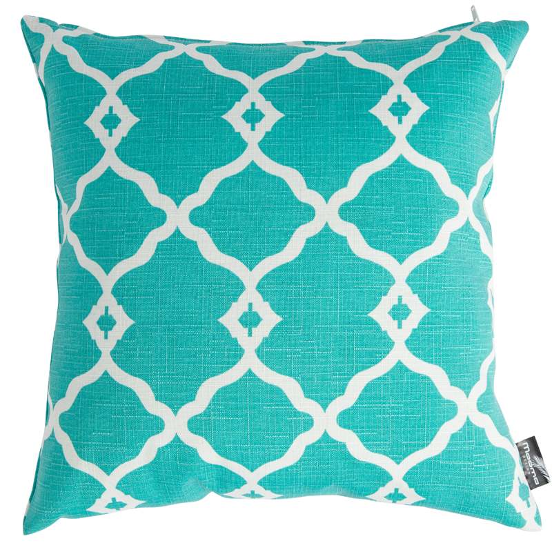 Coussin décoratif de 45 x 45 x 12 cm avec un imprimé turquoise et blanc.