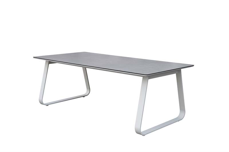 Table de salle à manger Babylon 220x100 cm en aluminium blanc et verre céramique gris moyen.