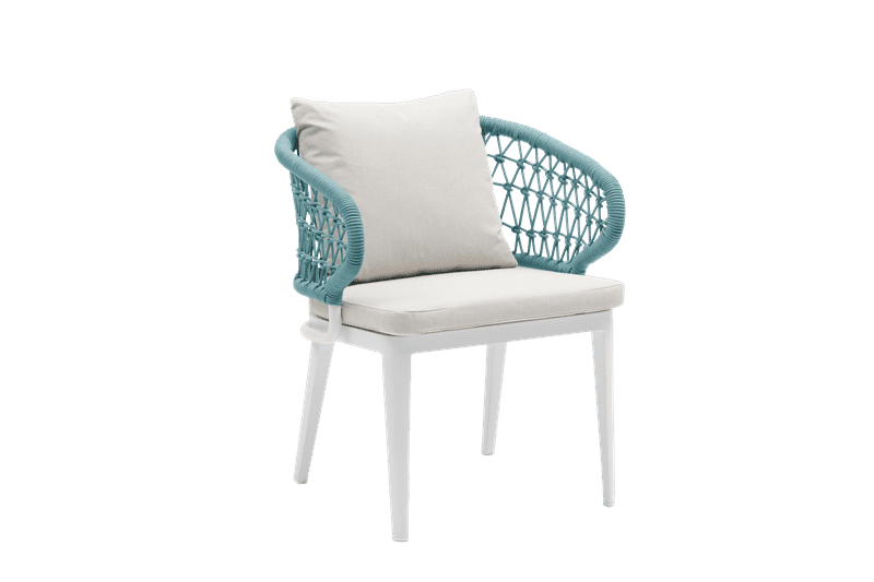 Sillón de comedor Isabela aluminio blanco y textil beige cuerda aqua.