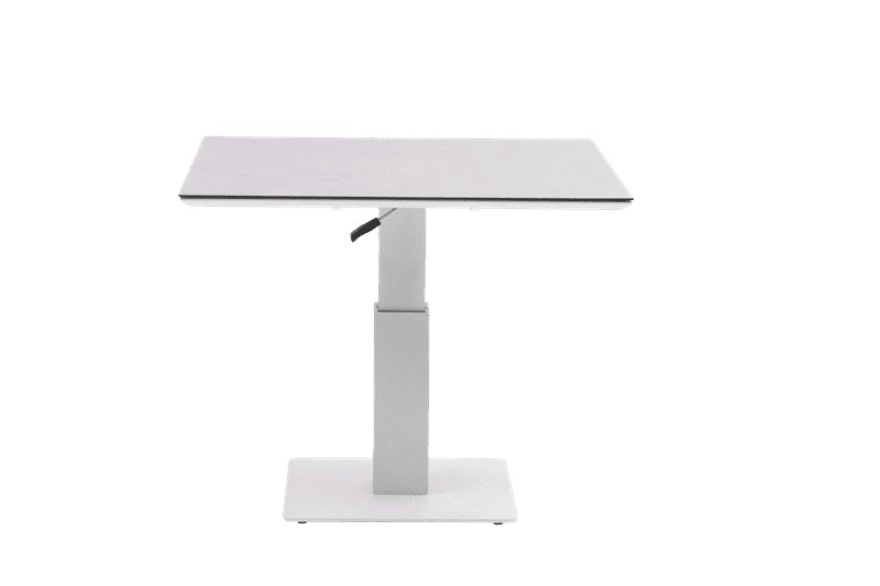 Mesa Isabela com tampo elevatório 90x90x50/74, alumínio branco com vidro cerâmico cinza claro.