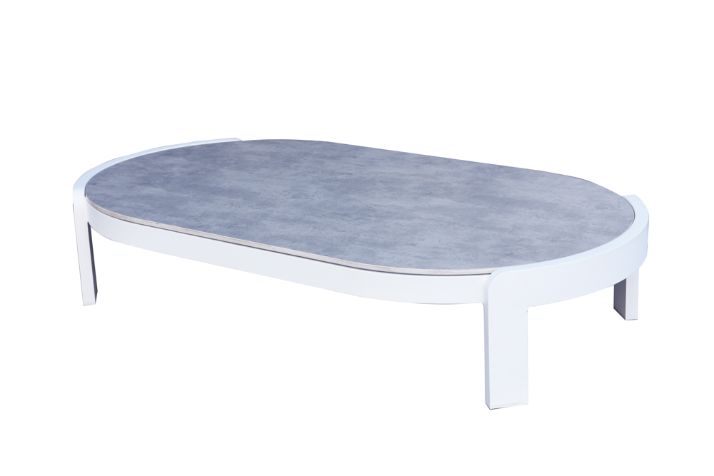 Coffee table Babylon white aluminium and mottled grey ceramic top