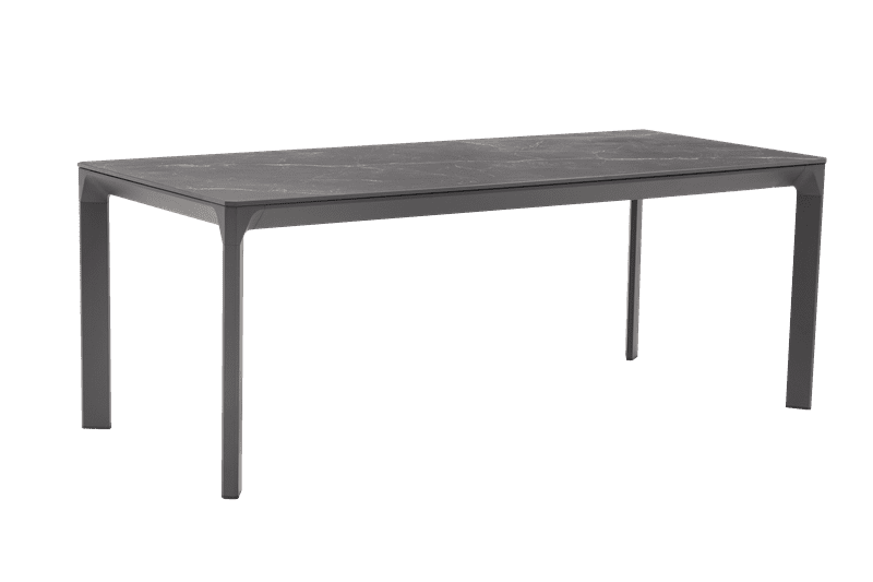 Mesa de jantar Boori 200x90 cm, tampo em alumínio antracite e porcelanato preto.