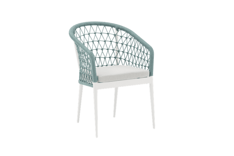 Cadeira de jantar Nelayan, alumínio branco, corda azul-turquesa