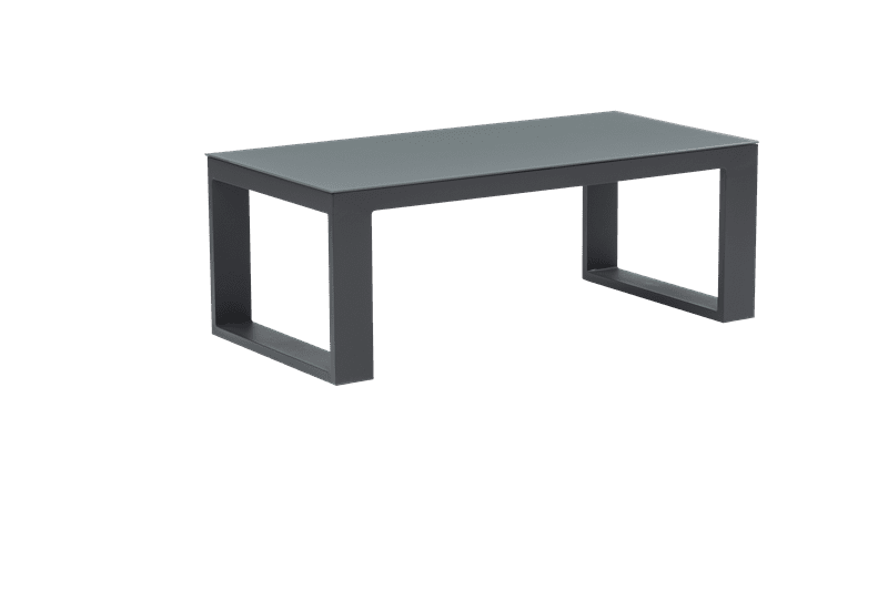 Table basse Niland, aluminium et verre anthracite.