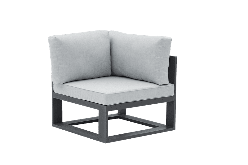 Niland corner module in anthracite aluminum and medium grey cushioning.