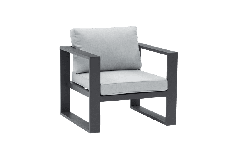 Canapé 1 place Niland en aluminium anthracite avec coussins gris moyen.