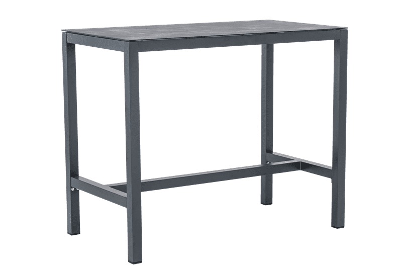 Table haute de bar Meridian 130 x 70 cm en aluminium anthracite avec plateau en verre céramique gris anthracite.