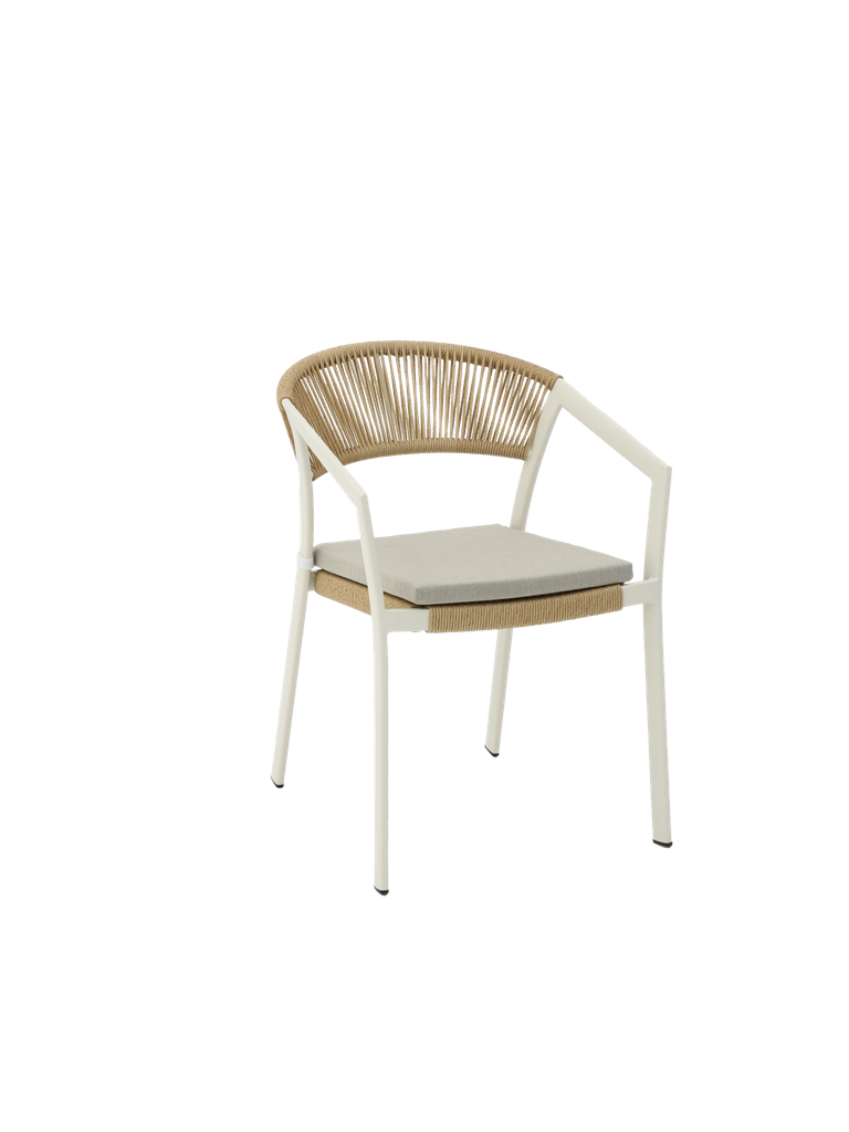 Appelton chair with armrests in white aluminium and natural wickerwork