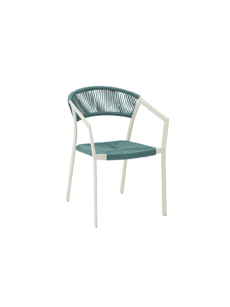 Appelton chair with armrests in white aluminium and aqua braiding