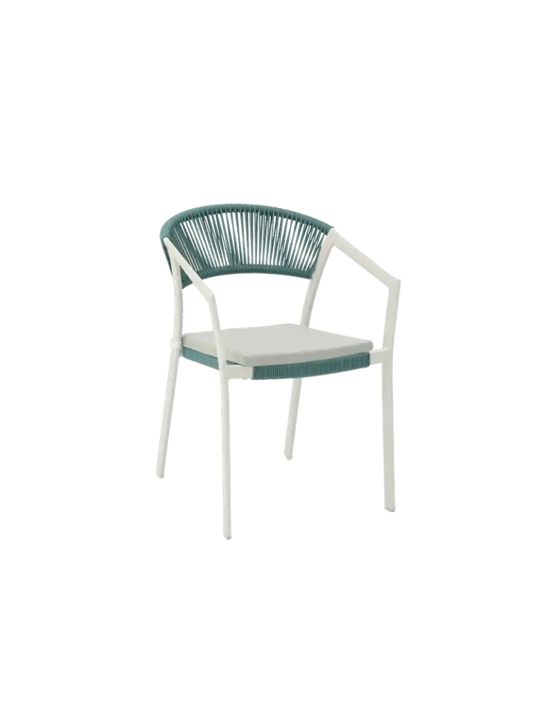 Cadeira Appleton com braços, alumínio branco osso e trança aqua.