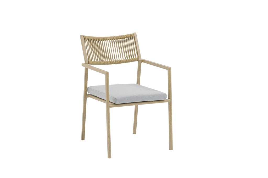 Harmony dining chair in wood-effect aluminium and natural rope.