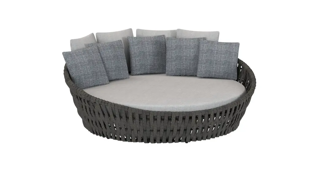 Meridian daybed in anthracite aluminium with anthracite rope and medium grey fabric.