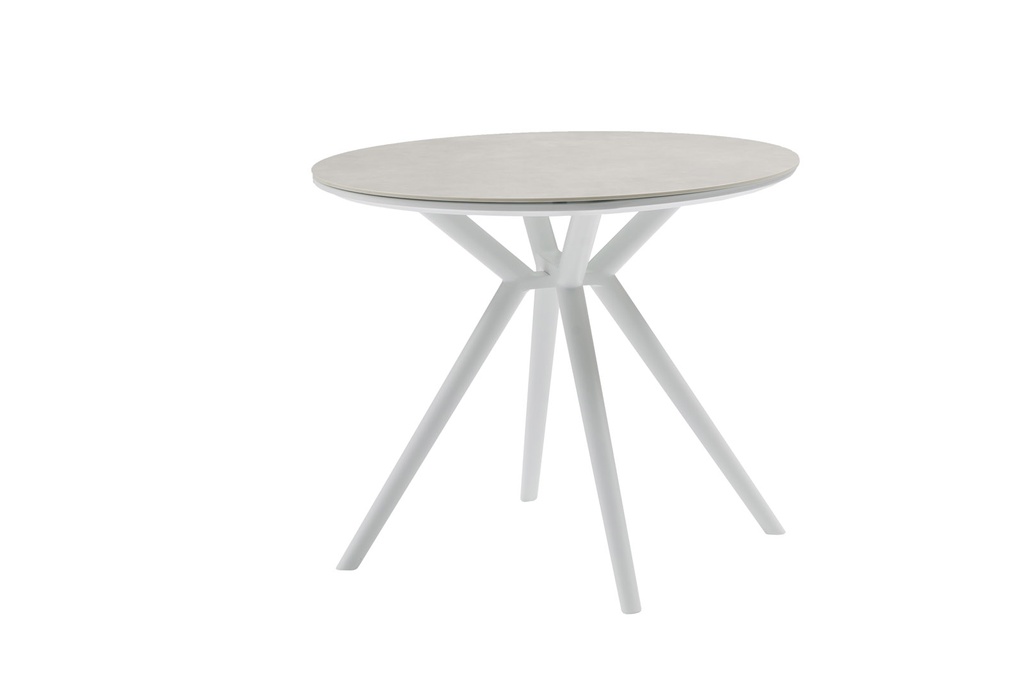 Table ronde Carson Ø 90 cm en aluminium blanc avec plateau en grès cérame gris.