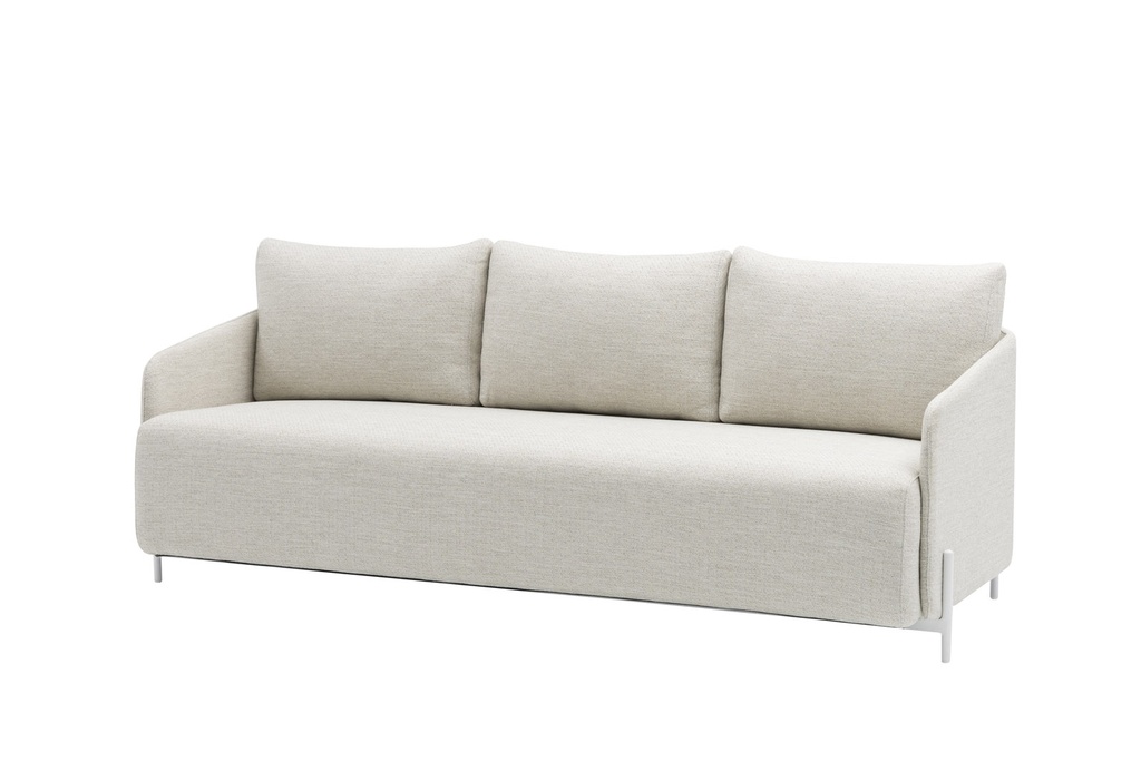 Sofá 3 plazas Corfu aluminio blanco y textil beige.