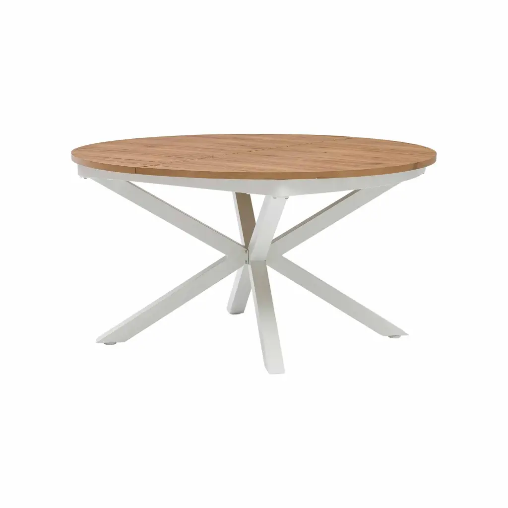Mesa redonda extensible Hanoi Ø140/200cm aluminio blanco y top efecto teca