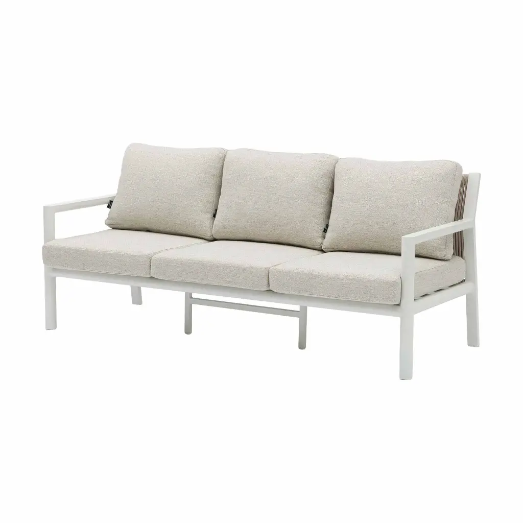 Sofa 3 plazas Nowra Aluminio blanco, cuerda natural y tapiceria Beige 
