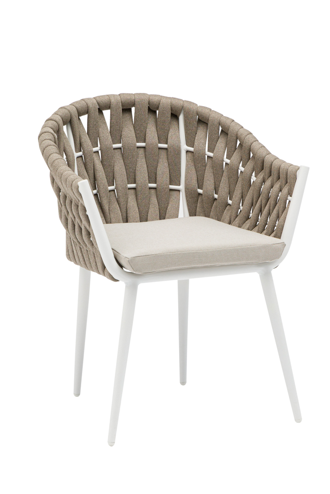 Fauteuil Meridian en aluminium blanc, corde grège et tissu grège.