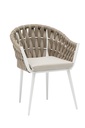 Fauteuil Meridian en aluminium blanc, corde grège et tissu grège.
