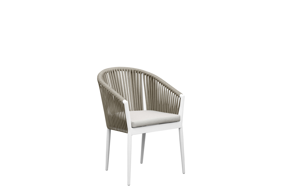 Ukiah white aluminium armchair with rope and greige cushion