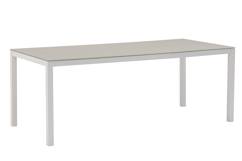 Mesa de jantar Adin 200 x 90 cm em alumínio branco com tampo em vidro cinza claro