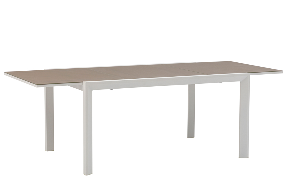 Table extensible ORICK 100 x 150/225 cm en aluminium blanc et verre taupe.