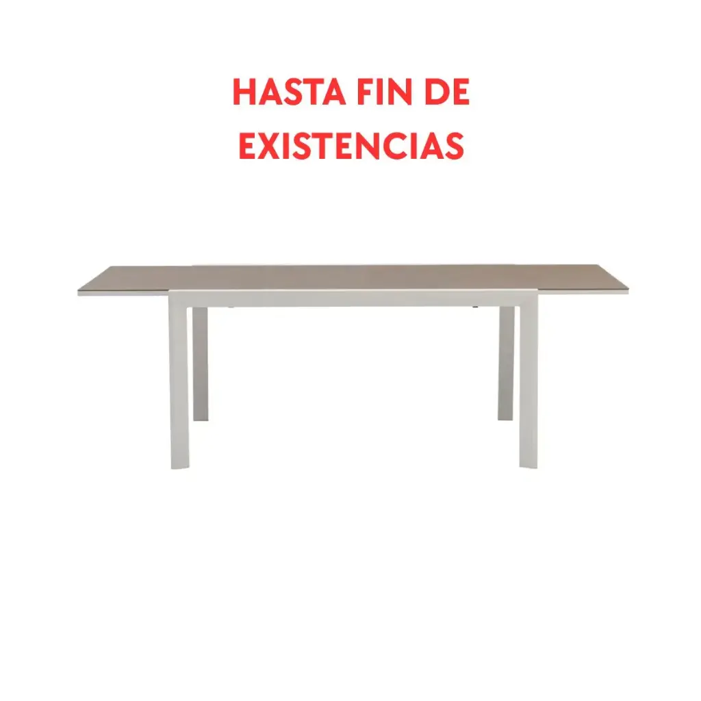 Table extensible ORICK 100 x 150/225 cm en aluminium blanc et verre taupe.