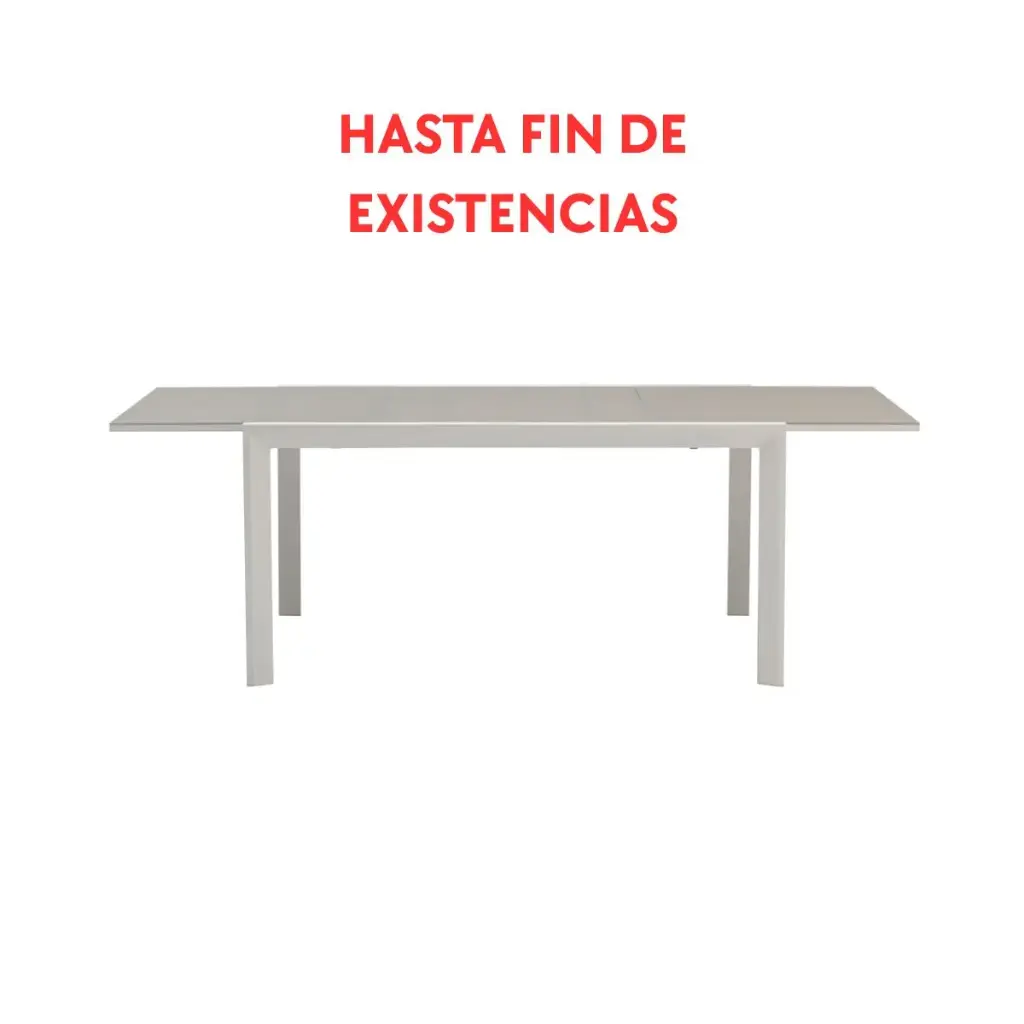 Table extensible ORICK 100 x 150/225 cm en aluminium blanc et verre gris clair.