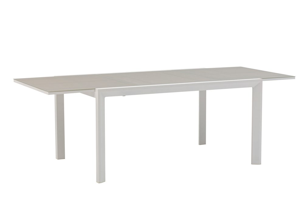 Table extensible ORICK 100*150/225 cm en aluminium blanc et verre gris clair.