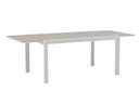 Table extensible ORICK 100 x 150/225 cm en aluminium blanc et verre gris clair.
