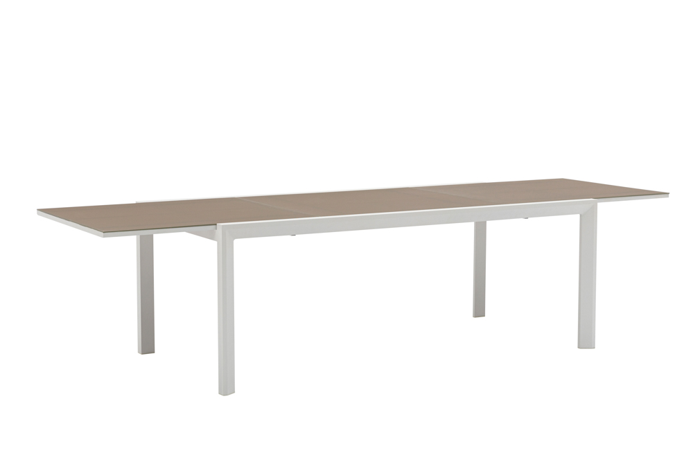 Mesa extensible ORICK 100*200/300 cm aluminio blanco y cristal taupe