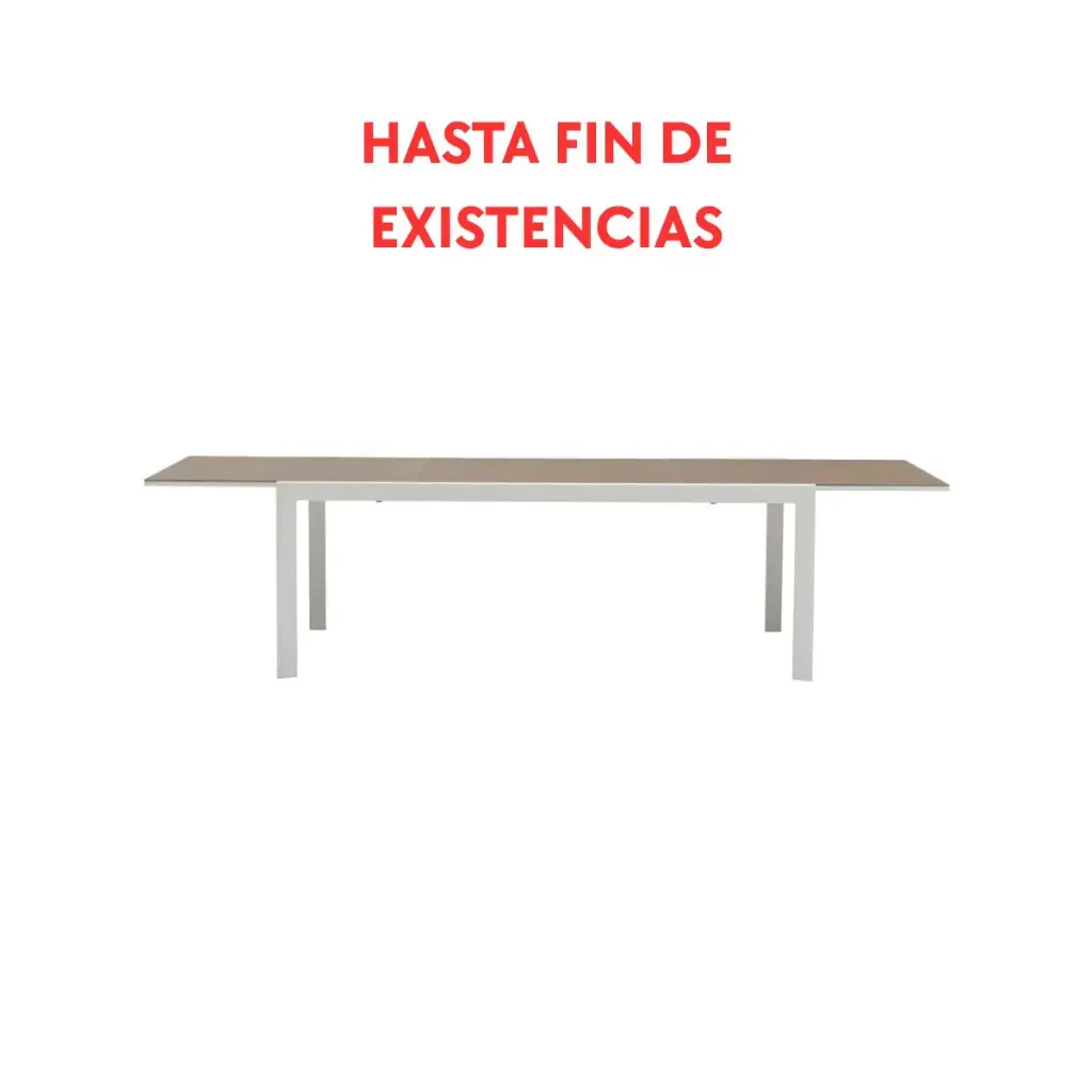 Table extensible ORICK 100 x 200/300 cm en aluminium blanc et verre taupe.