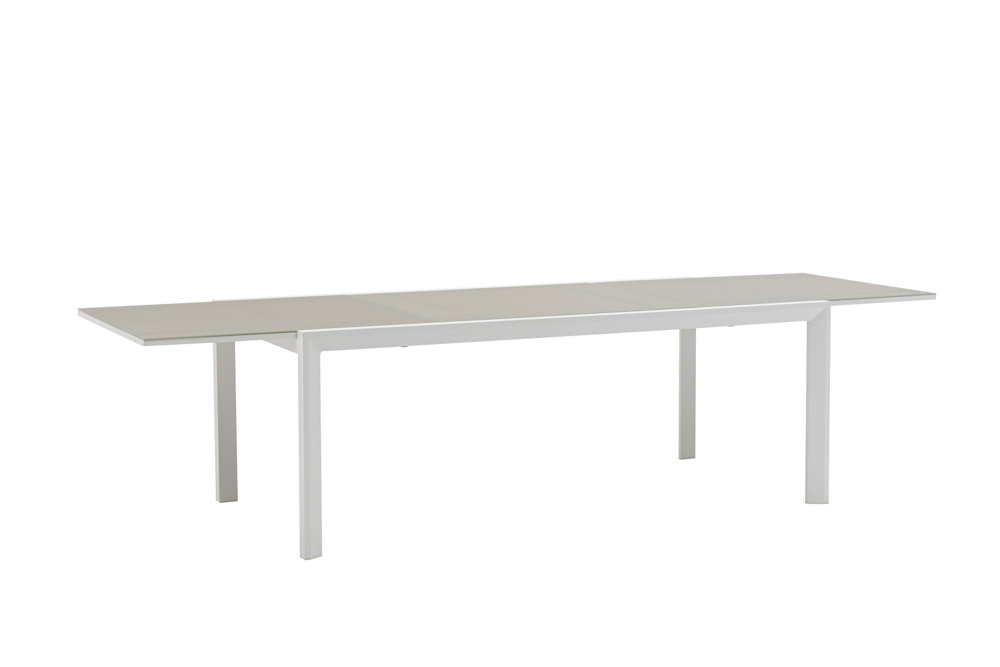 Table extensible ORICK 100 x 200/300 cm en aluminium blanc et verre gris clair.