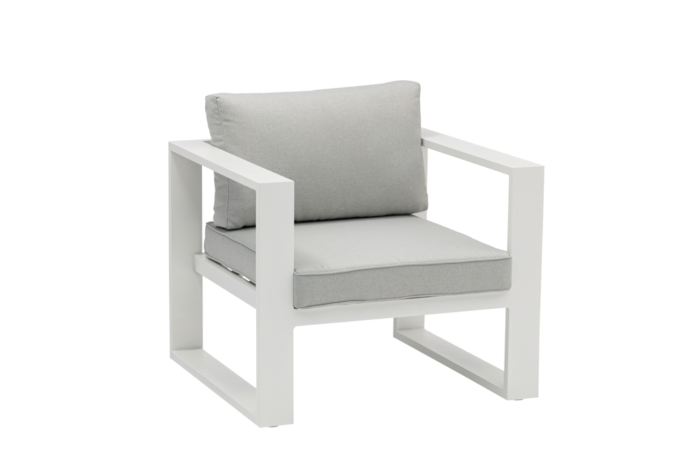 Canapé 1 place Niland, structure en aluminium blanc et coussins gris clair.