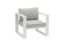 Canapé 1 place Niland, structure en aluminium blanc et coussins gris clair.